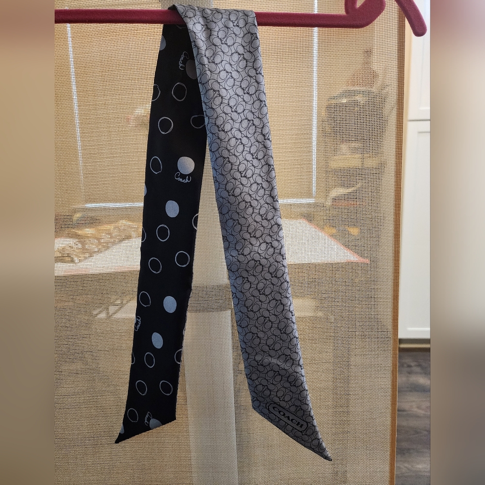 Coach Black & Gray Reversible Silk Twilly Ponytail Tie Scarf -lot 1004